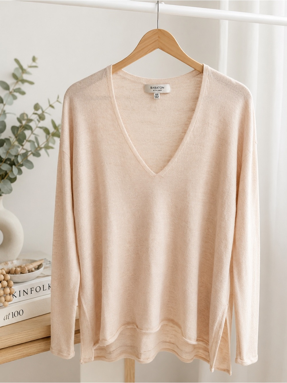 Aritzia Babaton Erin V-Neck Wool Linen Blend Sweater XXS Blush